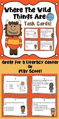 This comprehension task card activity is a great Literacy Center to use after the children have read Where The Wild Things Are by Maurice Sendak. The children can record their responses on the printable or in a  reading response notebook. They may also enjoy playing Scoot! Incluuded: 16 Comprehension Task Cards  1 Answer Sheet 1 Teacher's edition answer sheet 1 editable page to write your own questions for Where The Wild Things Are!