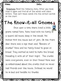 This file has an original story full of silent consonants gn, kn, and mb. Students have to read the story, circle or highlight the words with silent consonants and then sort the words on a chart. Then students answer three questions about the story. A good way to have students apply what they know about reading silent consonant words while practicing fluency and comprehension.