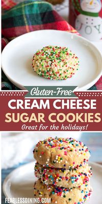 These quick and easy, homemade gluten free cream cheese sugar cookies are rolled in sprinkles and baked. They make great Christmas cookies for any holiday gathering. We love using them at a cookie exchange party because they are so festive.