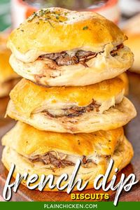 French Dip Biscuits Recipe - refrigerated biscuits, stuffed with roast beef, provolone, horseradish, and baked. Brush with melted butter when they are hot. Serve with a side of hot au jus. SO good! Great for parties, tailgating, lunch or dinner. These are always a hit! #sandwich #roastbeef #frenchdip #biscuit