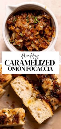 Caramelized onion focaccia - a flavorful focaccia bread topped with caramelized onions, fresh thyme, and garlic. Serve this easy yeast bread as a delicious appetizer or as a side dish to your favorite meal!