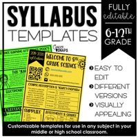 Does your boring old syllabus need a facelift? Use these catchy and simple all-in-one syllabus templates for your middle or high school classroom! Your students and parents alike will love the simplicity of having everything all on one sheet. They are easy to read and nice to look at, too!I have included 3 different versions with and without headers so that you can meet the needs of your own classroom. I also provided an example to help you get started with your own class syllabus.Simply type in