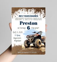 Rev your engines, shift into gear for the birthday boy's party! ATV four-wheeler theme birthday invitation! Easy to Edit age, name, & details. Printable, Instant Download, customize for any birthday party.  This beautiful invitation is easy to customize to your desire. Access your invitation template INSTANTLY after your purchase and edit using an easy-to-use link sent directly to your email! Easily edit age, name, wording, dates, background color, font, font size, font color, spacing and more r