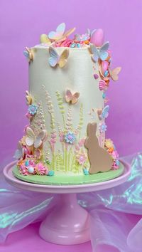 The Cake Decorating Company on Instagram: "Spring has sprung 🐰🦋 Beautiful Easter cake by @yoras.cakes. Judit used the @cakesbyangelamorrison Mila stencil and decorated with sugarpaste butterflies and @happysprinkles_ 💕 . . . #eastercake #springcake #pastelake #buttercreamcake #easterbaking #cakedecfamous #caketrends #cakedesign #trendingcakes #cakeinspo #cakemaker #cakevideo #caketutorial #bakingtutorial"