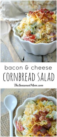 Bacon and Cheese Cornbread Salad is a delicious, easy, make-ahead side dish that is perfect for all of your picnics, potlucks, and cookouts this season!