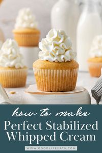 Stabilized Whipped Cream holds its shape for longer than traditional whipped cream and is perfect for decorating cakes and pies for special occasions. Learn how to stabilize whipped cream with gelatin, plus 4 other easy methods! Stabilized whipped cream is just whipped cream with an extra ingredient added to help the cream hold its shape and stay light and fluffy for longer periods of time. Make your own Stabalized Whip Cream! | @goodlifeeats