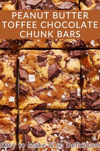 Peanut Butter Toffee Chocolate Chunk Bars take all the flavors of a Butterfinger Bar and turn them into an ultra-chewy cookie bar! Studded with chocolate chunks, crunchy toffee bits, and tons of peanut butter goodness, these bars are heavenly. Bonus: they’re so easy to make - no mixer needed.