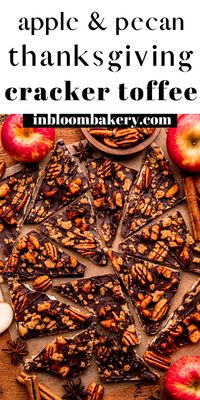 This is the best Thanksgiving cracker toffee! It’s buttery, toffee covered crackers, topped with a layer of chocolate, spiced apples, streusel and pecans!