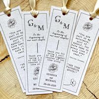 Looking for the perfect wedding guest favour? Turn your wedding thank-you card into an adorable bookmark that your guests can cherish forever. This is a great way to stay within your budget while offering these elements in one! These bookmarks also make the cutest addition to each guest's table setting. Completely customizable, you can change the thank-you message, the quote on the back of the bookmark, and ribbon colour to match your wedding theme perfectly! Think of me as your personal station