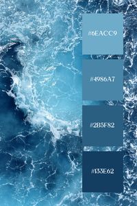 This blue ocean color  palette features a gradient of blues from navy to aquamarine, with frothy white accents, capturing the sea's serene and powerful essence. Perfect for calm, clear designs.