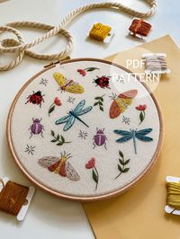 "\"INSECTS\" Embroidery PDF Pattern If you want to learn a new skills and create your own embroidery artwork you are in a good place. Embroidery is the best way to relax, spend nice time being creative and make a beautiful piece of art.  This pattern is ideal for beginners with some knowledge of common embroidery techniques and for intermediate level stitches.  Embroidery instruction include: - 30 page PDF file + lots of photos - step by step detailed instruction how to make each part of the pattern - stitching instructions and detailed stitch guide - explain the stitches used to embroider  - list of supplies you will need to start - tips-how to transfer pattern onto fabric - colour guide-list of DMC thread colour - 7\" pattern design - finishing the hoop guide Please note that design is n