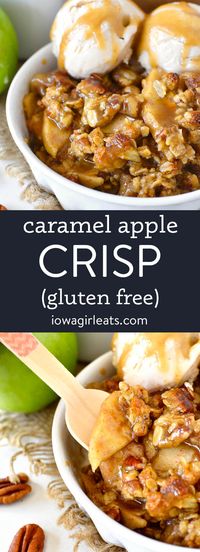 Caramel Apple Crisp with Easy Caramel Sauce is decadent and delicious gluten-free dessert recipe. Serve warm with a scoop of ice cream for a heavenly fall treat! iowagirleats.com keywords: gluten free apple crisp, gluten free desserts, gluten free dessert recipes, dessert recipes, dessert ideas, desserts easy