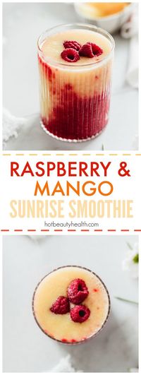 Raspberry Mango Sunrise Smoothie. This healthy drink recipe is sweet and tart and takes less than 10 minutes. Try making this for breakfast or as a post workout snack this spring and summer. (Click pin for recipe!)