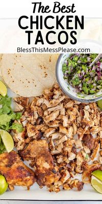 Introducing the best chicken tacos ever. An easy chicken taco recipe made with chicken thighs, plus a simple onion & cilantro topping. This is our all-time favorite chicken taco recipe. They taste like they just came off a food truck! Everyone in your family will love this recipe -- they'll gobble it up, AND it only takes a few minutes. You'll be the star of dinner! #easytacos #tacos #tacorecipe #chickentacos #foodtrucktacos #streettacos #quicktacos