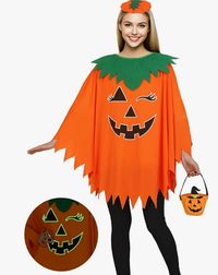 Halloween Pumpkin Costume for Women Kids,Glow in the Dark Adult Halloween Costume with Poncho,Headband & Bag #affiliate