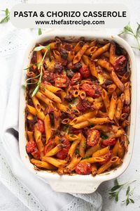 This pasta and chorizo casserole is a hearty dish for the whole family, your kids will love it! Make this easy pasta casserole recipe tonight for a quick, fuss-free, and delicious dinner