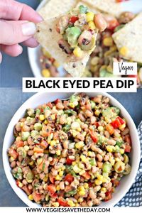 Cowboy Caviar's cousin, Black Eyed Pea Dip, is a chunky bean salad featuring avocado, green olives, corn, red bell pepper, and a tangy dressing. #cowboycaviar #blackeyedpeadip #vegan #beansalad #veggiessavetheday