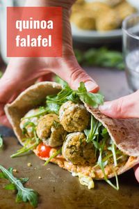 A healthier (but no less delicious) take on falafel! This quinoa falafel is baked instead of fried, and stuffed into pita loaves with creamy hummus and your favorite veggies! Vegan, vegetarian, and perfect for healthy lunches or weeknight dinners! #veganrecipe #vegetarianrecipe #falafel #quinoa #healthyrecipe #sandwich #meatlessmonday