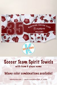 ad: Soccer beach towel for girls or boys with maroon & white team colors and easy-to-personalize athlete jersey number & name | many more team color combinations are available #soccertowel #soccerteamspirittowel #soccerteamgifts