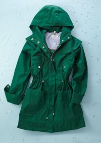 Emerald green rain jacket // Steve Madden. Love the anorak shape!