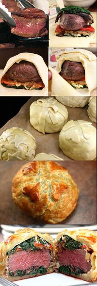 Recipe for Individual Beef Wellingtons with Mushroom, Spinach, Roasted Pepper, and Blue Cheese Filling. #recipe