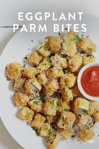 Eggplant Parm Bites. A healthy alternative to game day snack foods that'll make kids and parents happy.