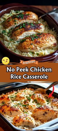 Discover the magic of simplicity with our No Peek Chicken Rice Casserole. Just mix, cover, and bake until you're ready to reveal a moist and flavorful combination of chicken and rice that cooks to perfection on its own. #NoPeekCasserole #EasyDinner #ChickenRice