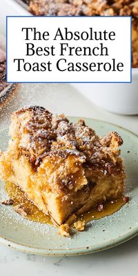 Custard-soaked bread is flavored with sweet cinnamon and nutmeg, topped with a nutty crumble topping, and baked until golden and steaming! This french toast casserole is as versatile as you need it to be — you can make it ahead or assemble at the last minute. #frenchtoast #breakfastrecipes #easyrecipes #frenchtoastcasserole #casserolerecipes