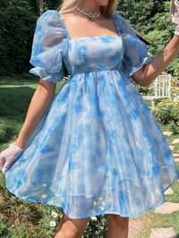 Baby Blue Glamorous Collar Short Sleeve Organza Tie Dye Fit and Flare Embellished Non-Stretch  Women Dresses