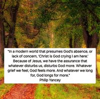 "In a modern world that presumes God’s absence, or lack of concern, ‘Christ is God crying I am here.’ Because of Jesus, we have the assurance that whatever disturbs us, disturbs God more. Whatever grief we feel, God feels more. And whatever we long for, God longs for more." Philip Yancey, 'The Question That Never Goes Away'.

Photo by jplenio - www.pixabay.com.