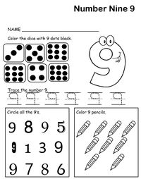 Children will enjoy learning the number 9 by doing this interactive Number Lesson Worksheet that is a great resources to enhance a child's intellect, imagination, handwriting and finer motor skills.