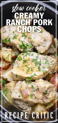 Creamy ranch pork chops are the perfect go-to weeknight meal. Tender pork chops and red potatoes are covered in a creamy, zesty sauce in this 5-ingredient crock pot recipe!