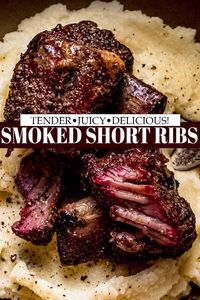 Smoked Beef Short Ribs. Smoking them low + slow with a tangy spritz + red wine braise results in tender + perfectly seasoned meat every time. // recipe // traeger // in smoker