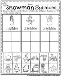 January kindergarten Snowman Syllables Worksheet. Say the words. Clap the words. Cut and paste the pictures.