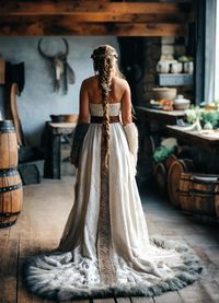 Silk dress with vintage lace bodice, grey and white fur edging with Norse rune ribbon on train, brown natural leather waist belt, natural hairstyle with loose brains and white flowers, fine silver circlet