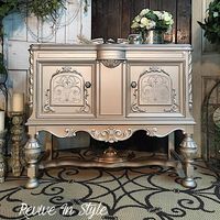 Revive In Style transformed a Jacobean style sideboard with a fabulously elegant look using the Modern Masters Metallic Paint Collection! Champagne and Silver bring a warm, soft glow with accented details in Snowflake.