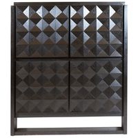 An ebonized Belgium Brutalist style bar cabinet with graphic front door with detail of checkered pattern. Four doors with one cube painted white/red accent with others in natural oak finish. Interior wiring set for European standards.