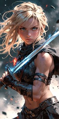 A mesmerizing blonde beauty, her hair a cascade of sunlight, stands poised for combat. Her eyes, the color of the clearest sky, burn with fierce determination as she grips her weapon. Her battle attire, a blend of elegance and functionality, accentuates her graceful figure while allowing for unrestricted movement. Her expression, a captivating mix of focus and intensity, reveals a warrior spirit ready to face any challenge.With a burst of power, the beautiful fighter launches into a stunning action pose. Her movements are a symphony of grace and strength, a dance of deadly intent. Her weapon flashes through the air, a blur of polished metal and honed skill. Her face, framed by flowing golden locks,