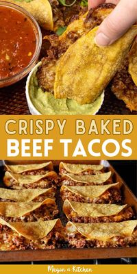 These Crispy Beef Tacos are ready in 35 minutes! This recipe has ground beef, shredded cheese, corn tortillas, taco seasoning, and enchilada sauce.