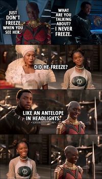 Quote from Black Panther (2018) │ Okoye: Just don't freeze when you see her. (means Nakia) T'Challa: What are you talking about? I never freeze. (Later...) Shuri: Did he freeze? Okoye: Like an antelope in headlights. │ #BlackPanther #Marvel #Quotes