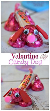 Make a Valentine's Candy Dog for a Fun Kid's Craft and Treat - Easy and Fun to Make! Made from Hershey's Kisses and Smarties Candy. So cute! #valentinesday