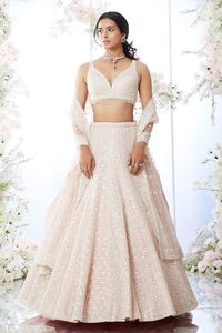 Buy Pink Net Embroidered Sequin V Neck Bridal Lehenga Set For Women by Seema Gujral Online at Aza Fashions.