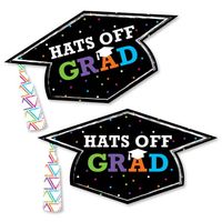 Have fun decorating your grad party with our unique graduation hat extra-large shaped cut outs. The graduation hats come in four different colors. You can use them as wall decorations, banners, centerpieces or on the buffet table. You can also attach your grads photo to them for a festive display. This is the best, because the Hats Off Grad cap is printed on both sides and will arrive ready for you to hang from the ceiling or with a balloon display when you tie them to the strings. This hat part