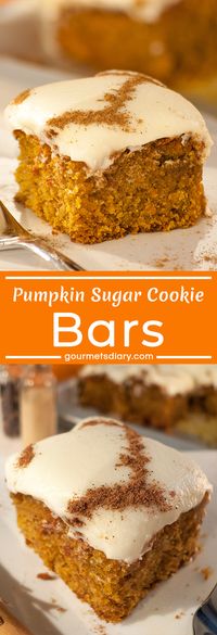 Pumpkin Sugar Cookie Bars with Cream Cheese Frosting are the perfect dessert for Thanksgiving, Halloween or any other occasion. Made of homemade pumpkin puree and topped with cream cheese frosting, these Pumpkin Sugar Cookie Bars certainly will become your fall favorite!