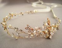 Floral hair vine, wedding headband, bridal headpiece, Wedding halo, Pearl rhinestone headband, Ribbon, Rose gold, Silver,Nature inspired