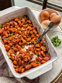 Easy Roasted Sweet Potato and Canadian Bacon Hash