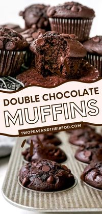 You have to add this Double Chocolate Muffins to your favorite dessert recipes! These homemade muffins are super moist, rich, and decadent! Pin this easy baking recipe.