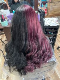 split dye purple pink and black hair inspo / #hairdyeideas #purplehair #blackhair #purpleandblackhair #aesthetic #splitdyedhair #hairideas #haircolor