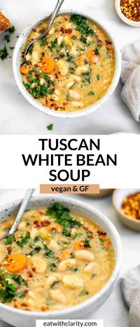 This vegan tuscan white bean soup is hearty, fresh and perfect for meal prep. It's a vegan and vegetarian soup recipe that is high in protein, made in one pot and filled with delicious herbs. With kale and italian herbs, this creamy white bean soup is the perfect cold weather and meal prep recipe! #whitebeansoup #tuscanwhitebeansoup