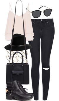 outfit for going to the cinema by im-emma featuring short bootsTopshop skinny jeans, $64 / Cameo Rose light pink cami, $17 / HM short boots, $59 / Rebecca Minkoff leather tote / ASOS round ring / Rag Bone black fedora / Mink Pink black sunglasses, $47